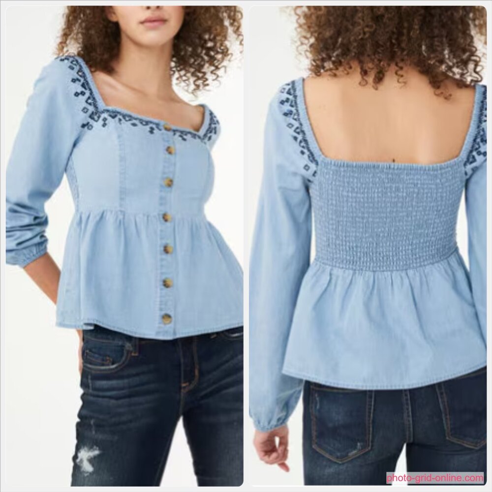 Aeropostale Denim Babydoll Peasant Top Large Blue Embroidered Feminine Smocked